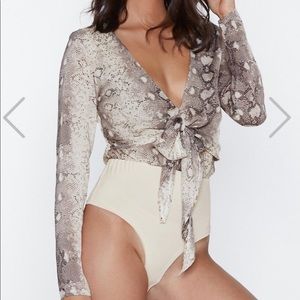Nasty Gal Snake Print Long Sleeve V Neck Bodysuit